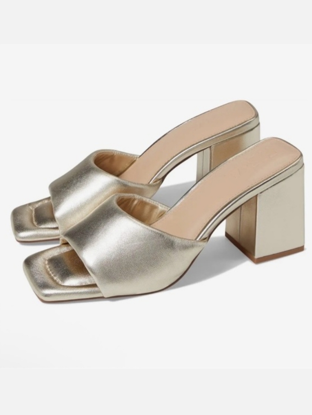 NIB FARYL Farylrobin Zoey Gold Leather Mule Sandals 8.5 Block Heels Chunky Prom